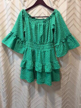 LE LIS Dress L Green Seersucker Off Shoulder Smocked Tiered Ruffle boho